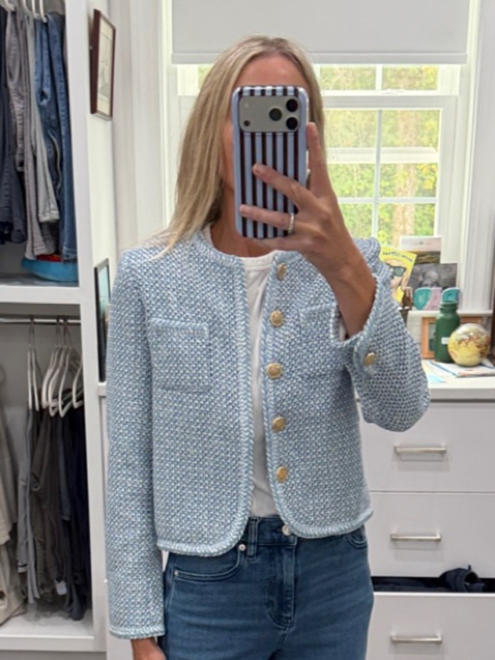 GOELIA Light Blue Tweed Cropped Jacket with Gold Buttons XS NWT